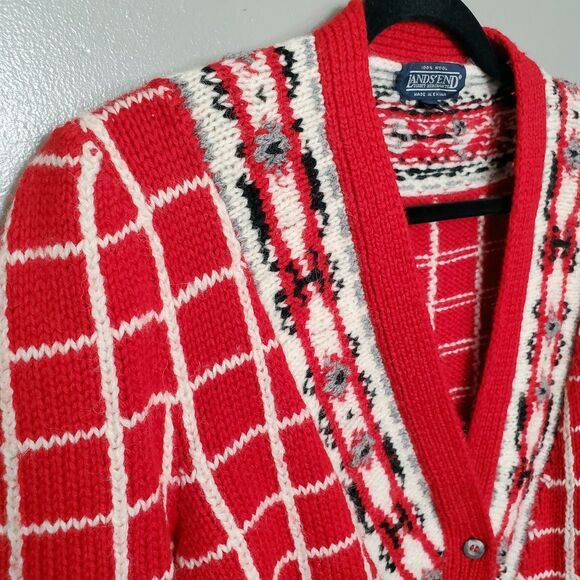 Vintage Lands' End Cardigan Sweater Womens Size Large Red Grid Floral Wool Knit - Picture 2 of 10